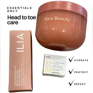 Ilia Super Tint SPF 40, Rare Beauty body cream + Goop Glow eye cream